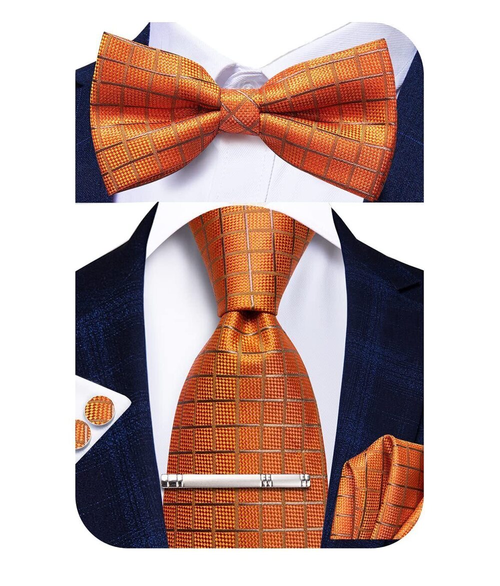 1852 Halloween Orange Tie with Pre-tied Bowtie Silk Necktie Bow Tie Pocket